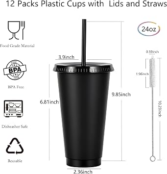 24 oz Reusable Plastic Cups, Custom Cups for Party with Lids and Straws, 12 Pack Iced Coffee Travel Mugs or Mean Girls Party Tumblers, Leak-Proof Coffee Travel Mug (12, Black)