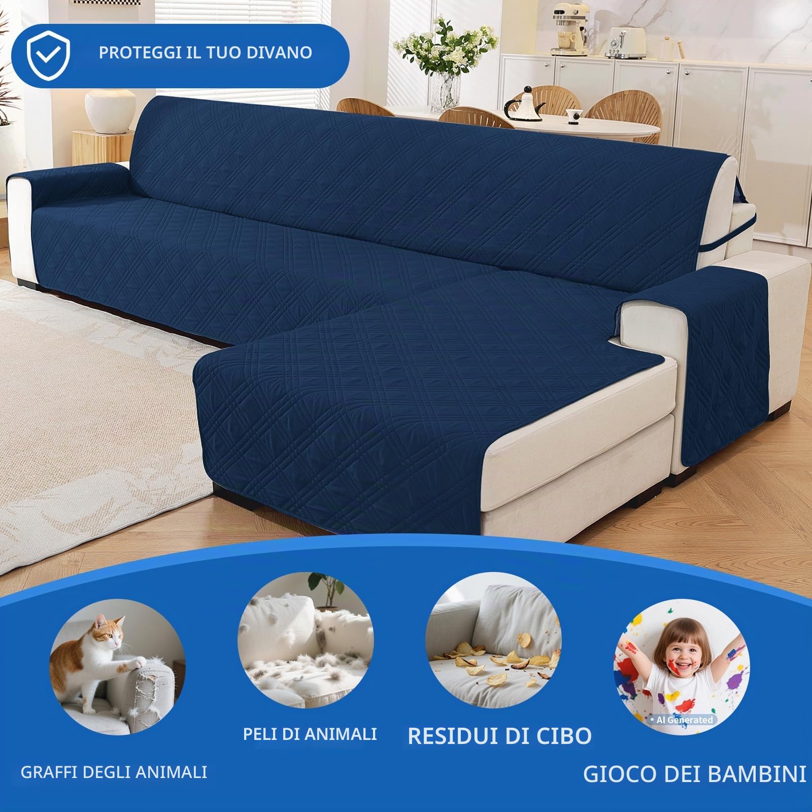 Ystyle Copridivano 3 Posti Con Braccioli, Reversibile Copri Divano Antigraffio A Sinistra Destra, Copertura Divano Trapuntato Doppio Lato, Copridivano L (255cm, Blu Berlino + Grigio Blu)