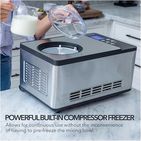Ice Cream Maker Machine 2.1 Qt Automatic with Built-In Compressor, LCD Digital Display & Timer, No Pre-Freezing Required, ICM-200LS