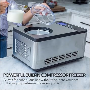 Ice Cream Maker Machine 2.1 Qt Automatic with Built-In Compressor, LCD Digital Display & Timer, No Pre-Freezing Required, ICM-200LS