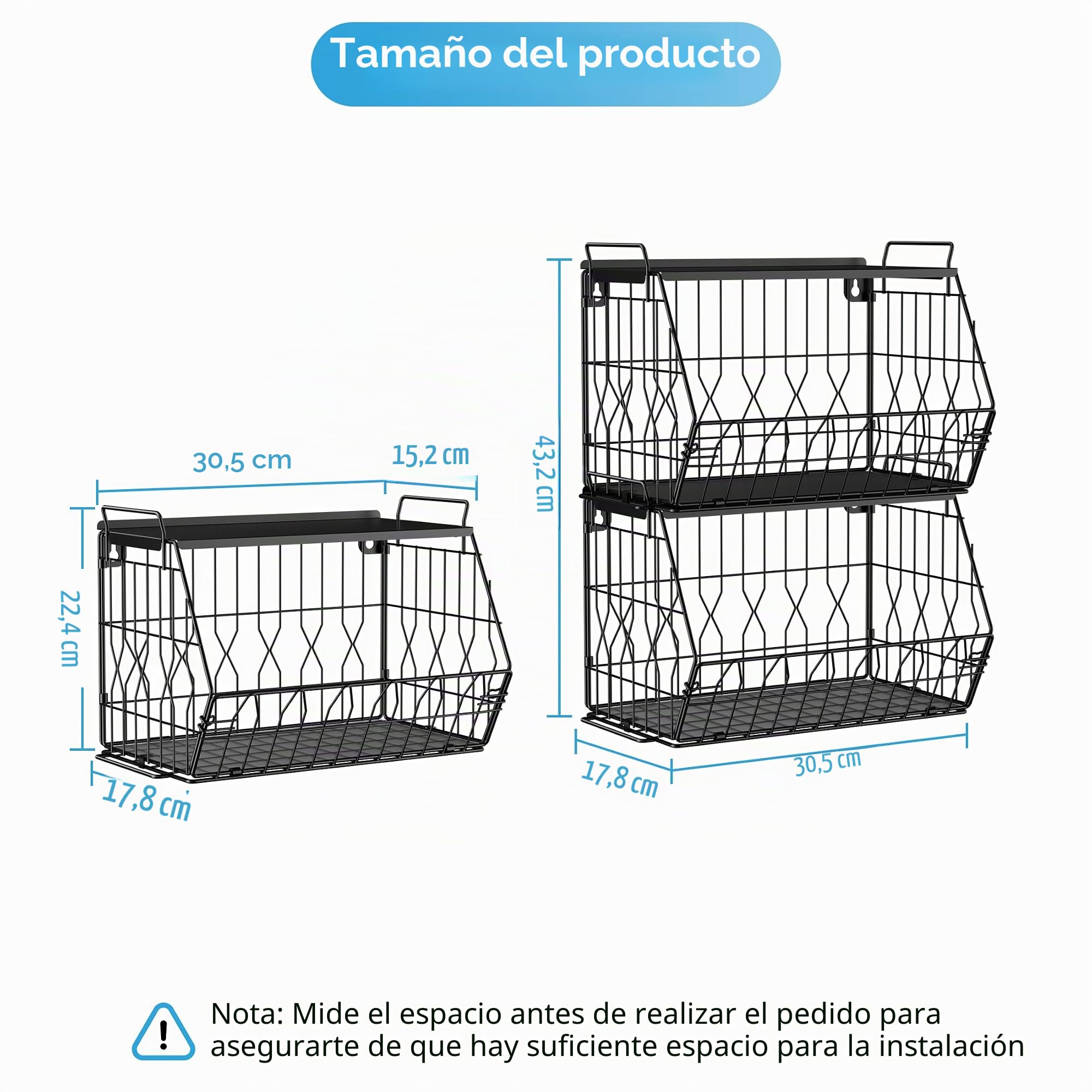 Ezprotekt Paquete de 2 cestas de frutas apilables con tapas de metal, cesta de frutas, cestas de frutas apilables montadas en la pared, cestas de patatas, almacenamiento de cebollas para cocina, cesta