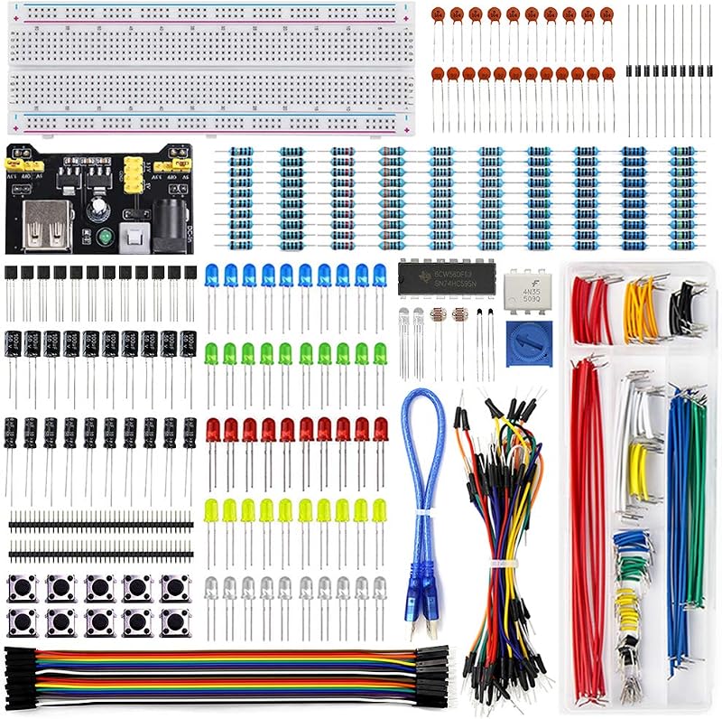 REXQualis Electronics Component Fun Kit w/Power Supply Module, Jumper Wire, 830 tie-Points Breadboard, Precision Potentiometer,Resistor Compatible with Arduino, Raspberry Pi, STM32