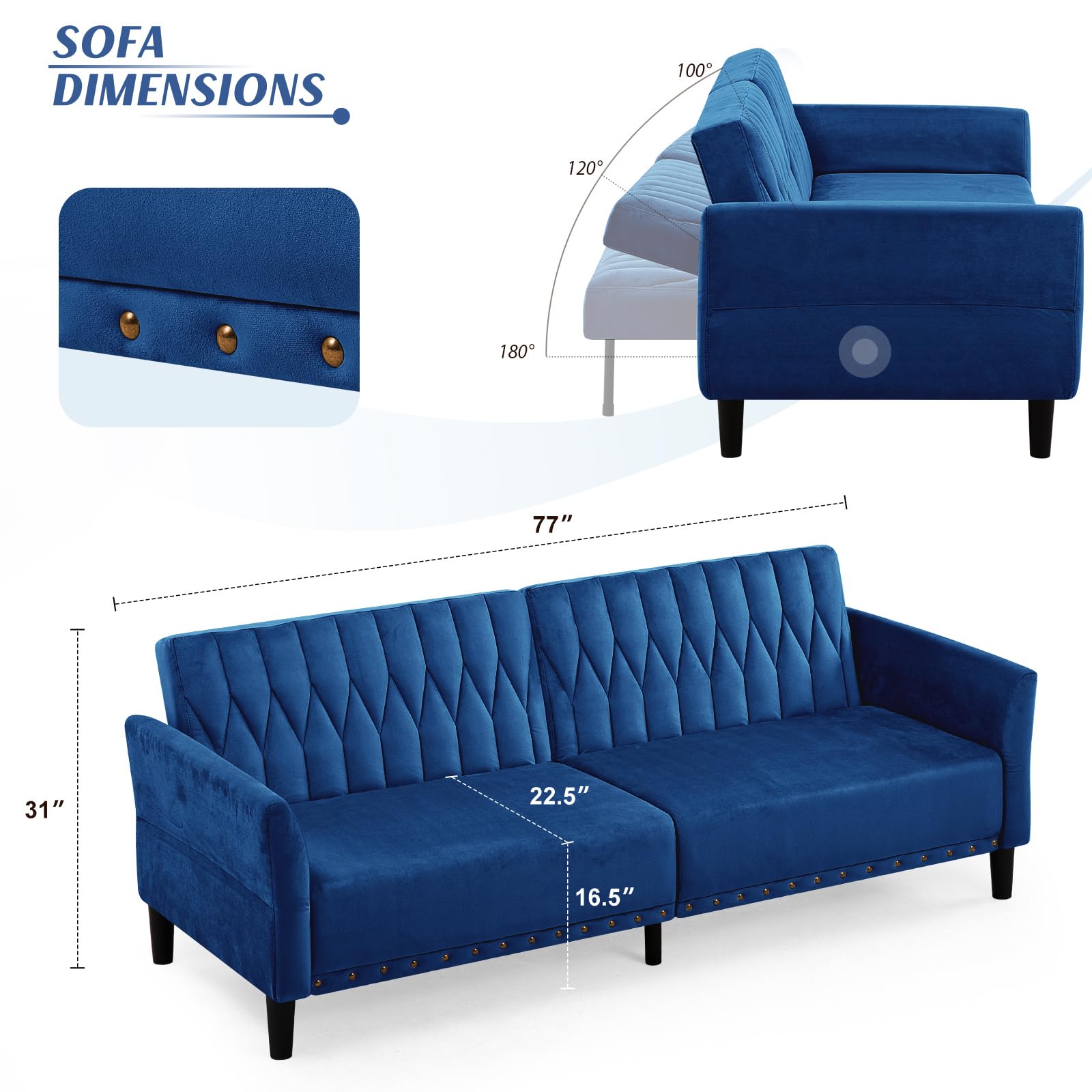 77” Velvet Sofa Bed with Adjustable Armrests and Backrests, Blue | Tufted Convertible Futon Couch with Nailhead Trim, Loveseat Modern Velvet Sleeper Sofa for Living Room,Bedroom,Office