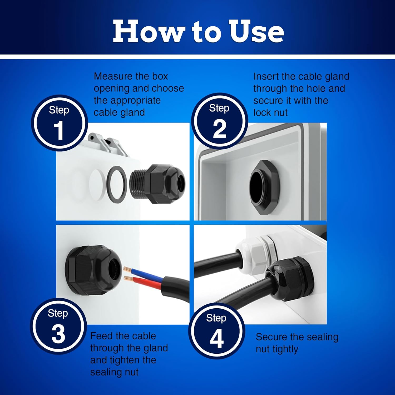 New Age America® 50pcs PG Cable Glands Kit KableLock™ | PG7 - PG19 | Black | Nylon Cord Grip Strain Relief | Adjustable Locknut Cable Connectors | IP68 Waterproof | PG7, PG9, PG11, PG13.5, PG16, PG19