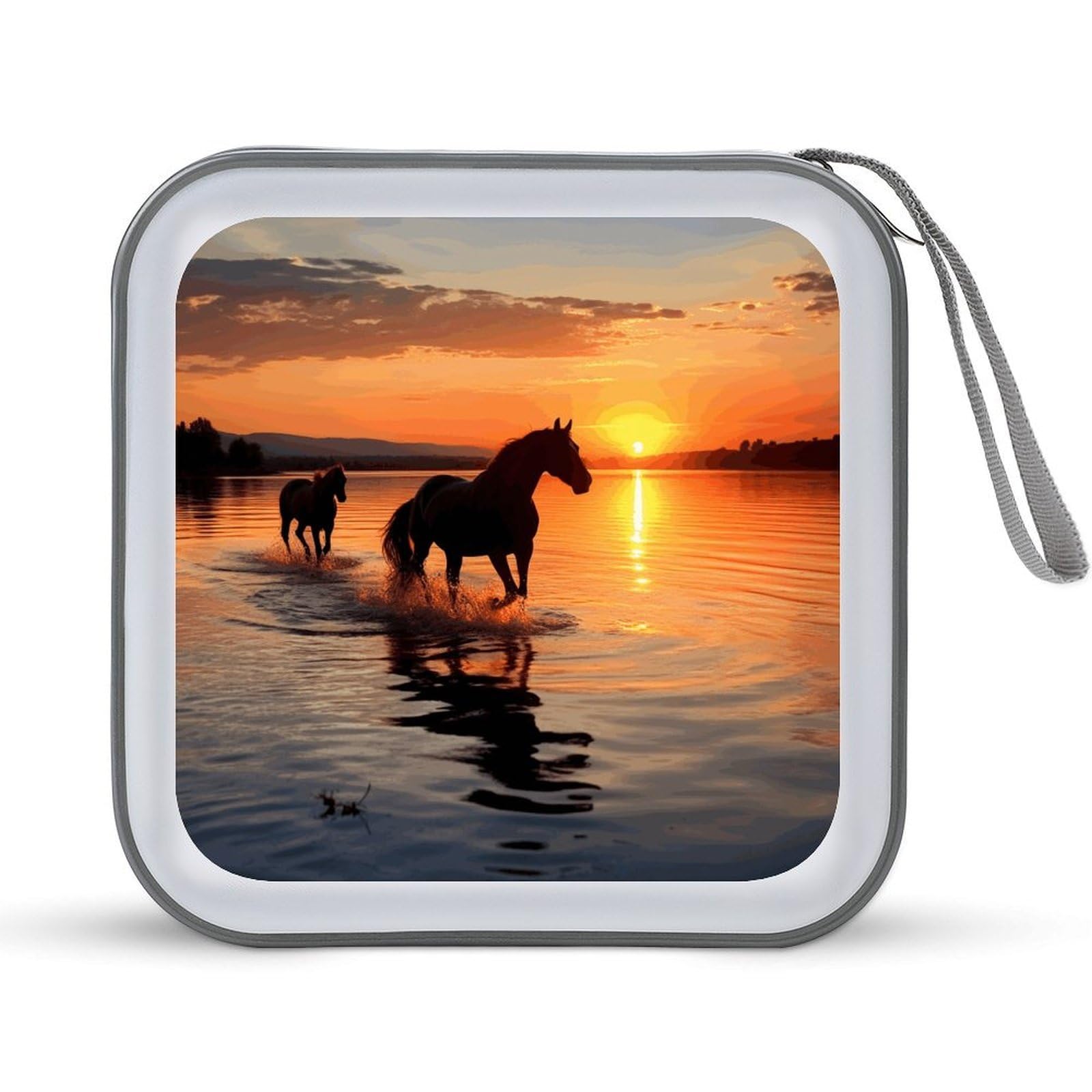 JTREHY Sunsets Lake Horses CD Case 40 Capacity Case Zipper CD Collection Bag with Handles Cover DVD Storage Hard Plastic DVD Disc Cases Storage Binder for Car Home Office Travel