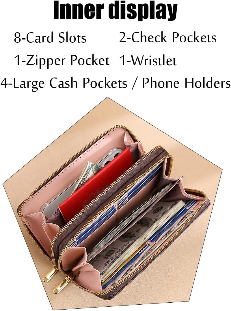 Wristlet Wallet for Women, Large Capacity Double Zip Long Purse, Bi-fold Credit Card Holder, Birthday Gift for Female Ladies Mom Wife Girlfriend Aunt