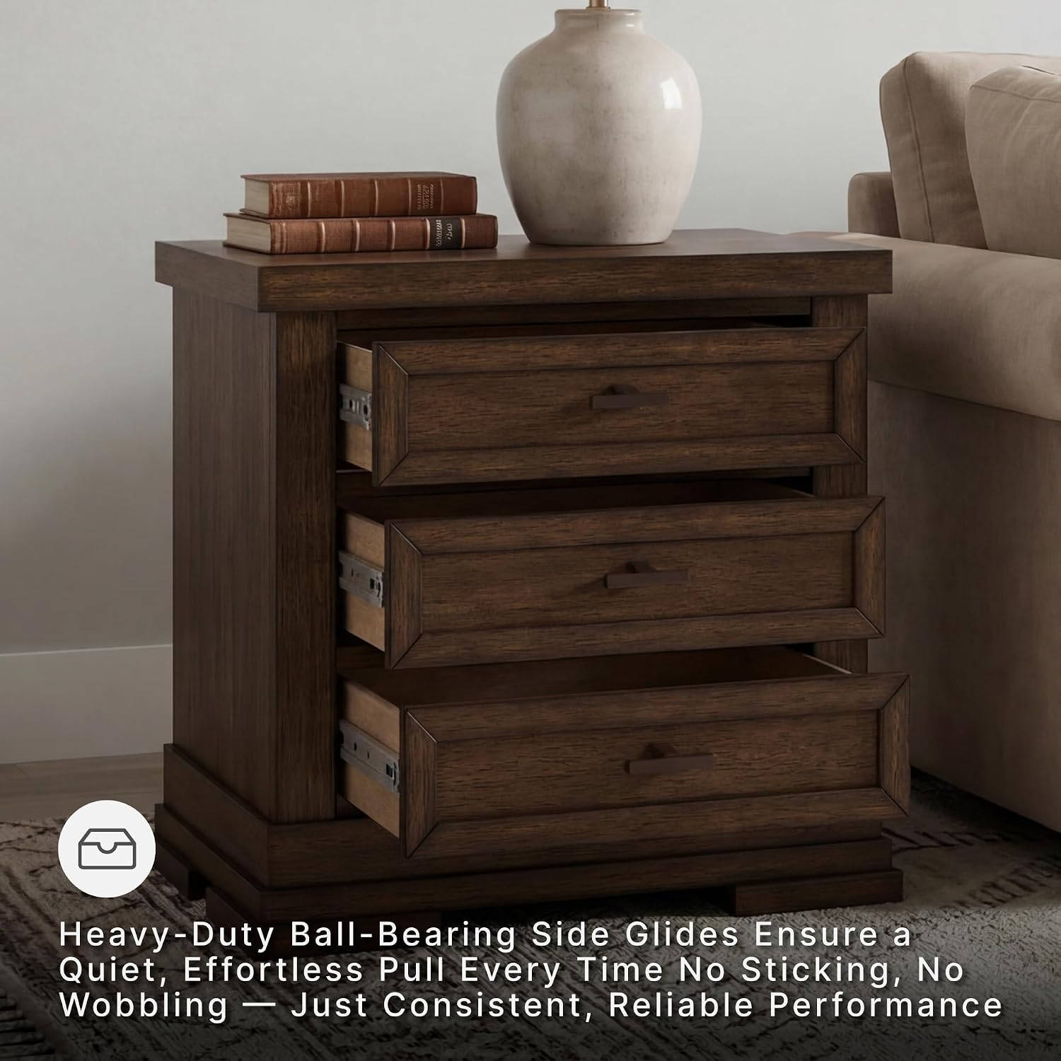 Signature Design by Ashley 3-Drawer Farmhouse Nightstand, Charging Station | Dual USB-A/C charging station, Authentic rustic mango wood veneer, Smooth-gliding felt-lined bedside storage, Taffenbrook