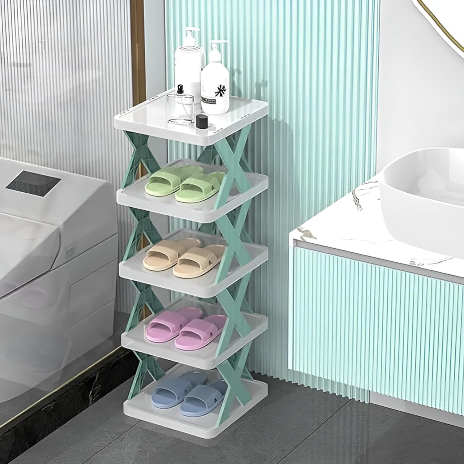 Plastic Shoe Rack, Stackable Organizer for Bedroom and Entryway, Collapsible Storage Shelf, Multi-Purpose Corner Tower (5 Layer)-image-47