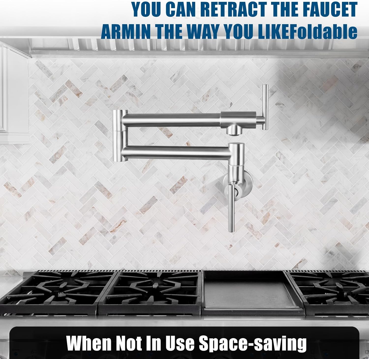 Pot Filler Faucet Wall Mounted Folding Stretchable Kitchen Sink Water Tap with Double Joint Swing Arm Single Hole Two Handles Restaurant Kitchen Faucets, Polish Chrome, T-Shape Handle