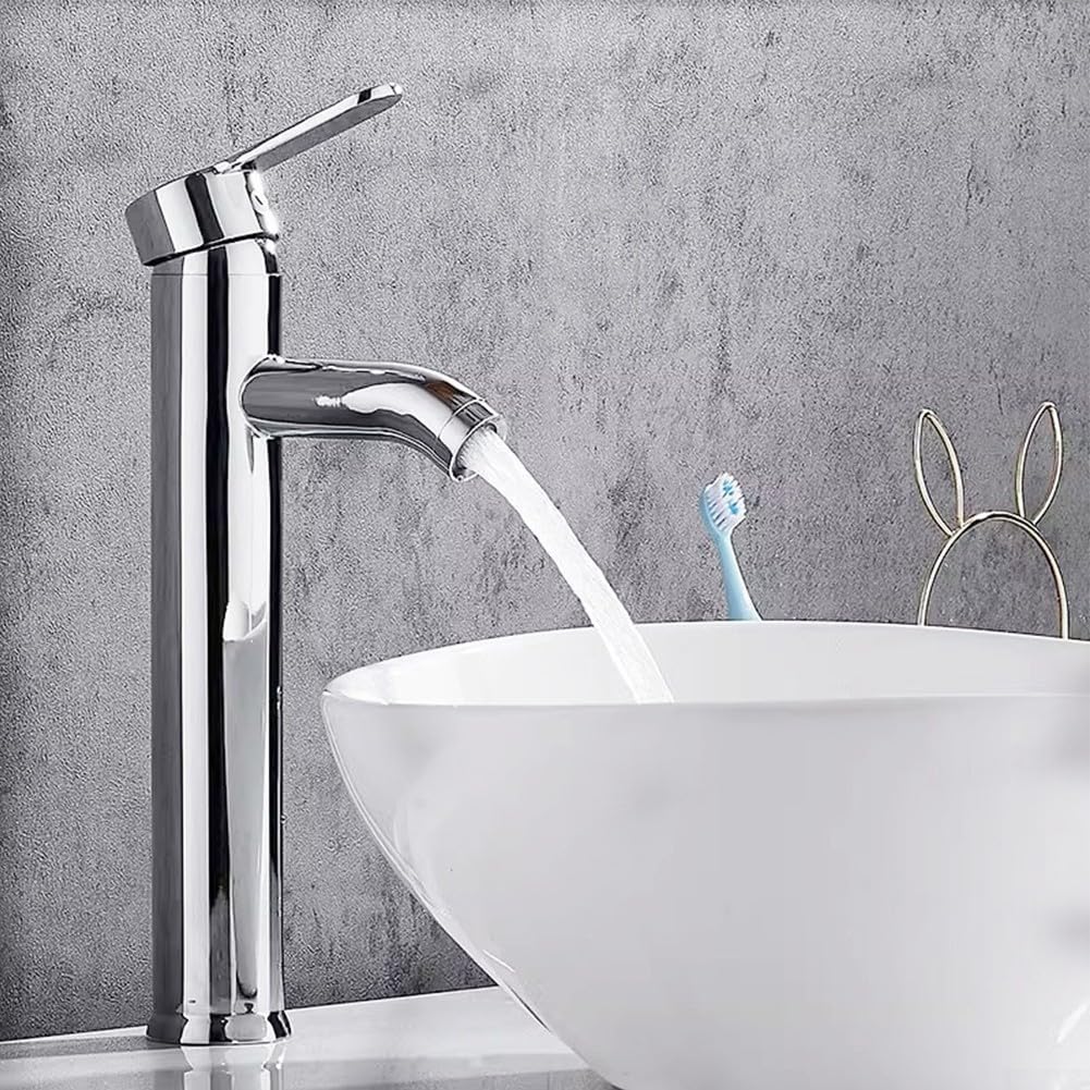 Miscelatore monocomando per lavabo in Acciaio Inox, per Acqua Calda e Fredda, Design Moderno, con Tubo Flessibile da 60 cm, Finitura Argento.