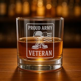 yENGRAVE Proud Army Veteran Whiskey Glass – Personalized Military Gift – Custom Engraved Glass for Soldiers, Retirees, and Patriotic Vets