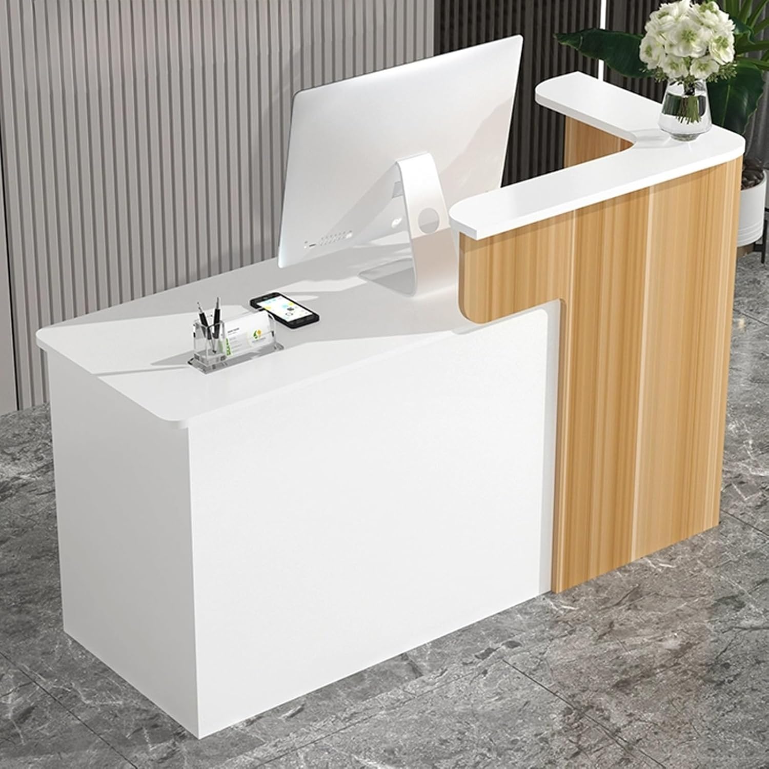 JKGHK Reception Desk with Counter, Checkout Counter with Lockable Drawer, Front Counter Desk with Double Deck, Counter Table for Checkout Office, Beauty Salon, Lobby(White,39.3in/100cm)