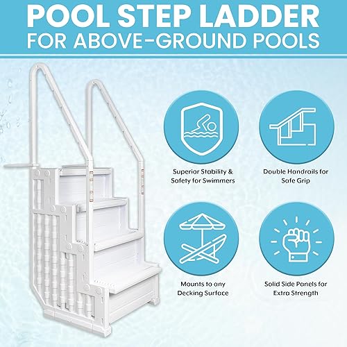 Miniatura 4 de Poolzilla Escalera de piscina premium para piscinas sobre el suelo, escalera montada en cubierta con pasamanos dobles, para piscinas sobre el suelo