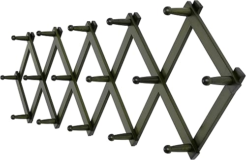 SKOLOO Percha de pared de acordeón con 16 ganchos, moderno perchero expandible para pared, madera maciza, color nogal oscuro