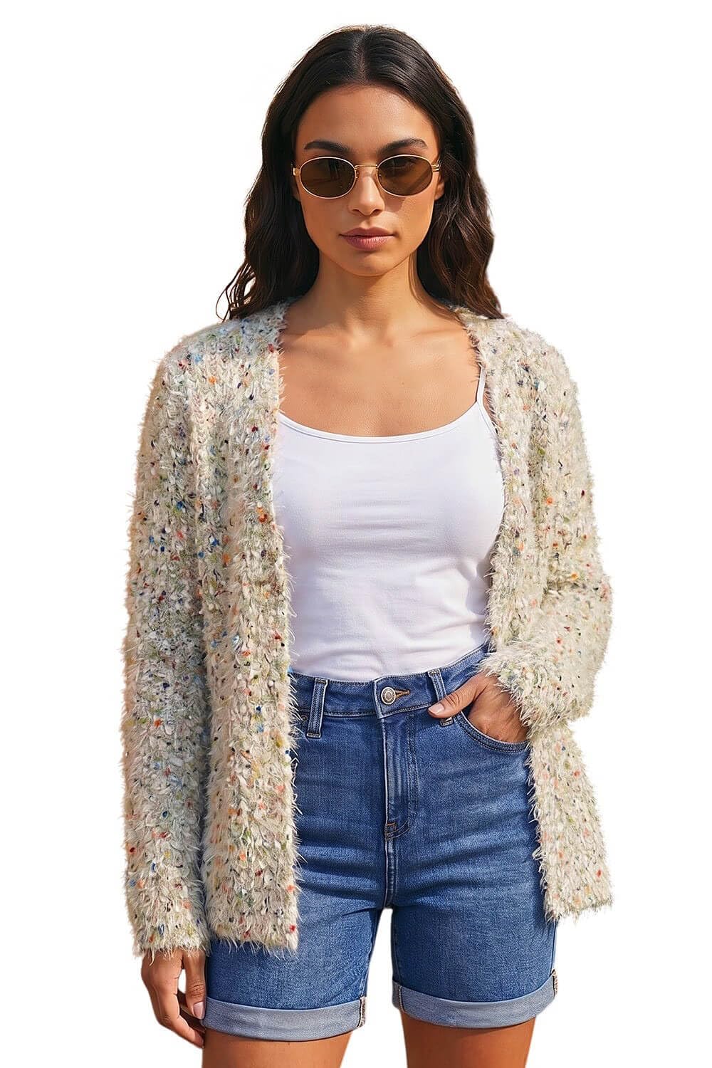 Roman Women Fluffy Cardigan Ladies Winter Cardi Longline Edge to Edge Ombre Coatigan Casual Sparkly Glittery Jacket Knitwear Knitted Autumn Fleecy Cosy Soft Coats - Ivory Multi - Size 16