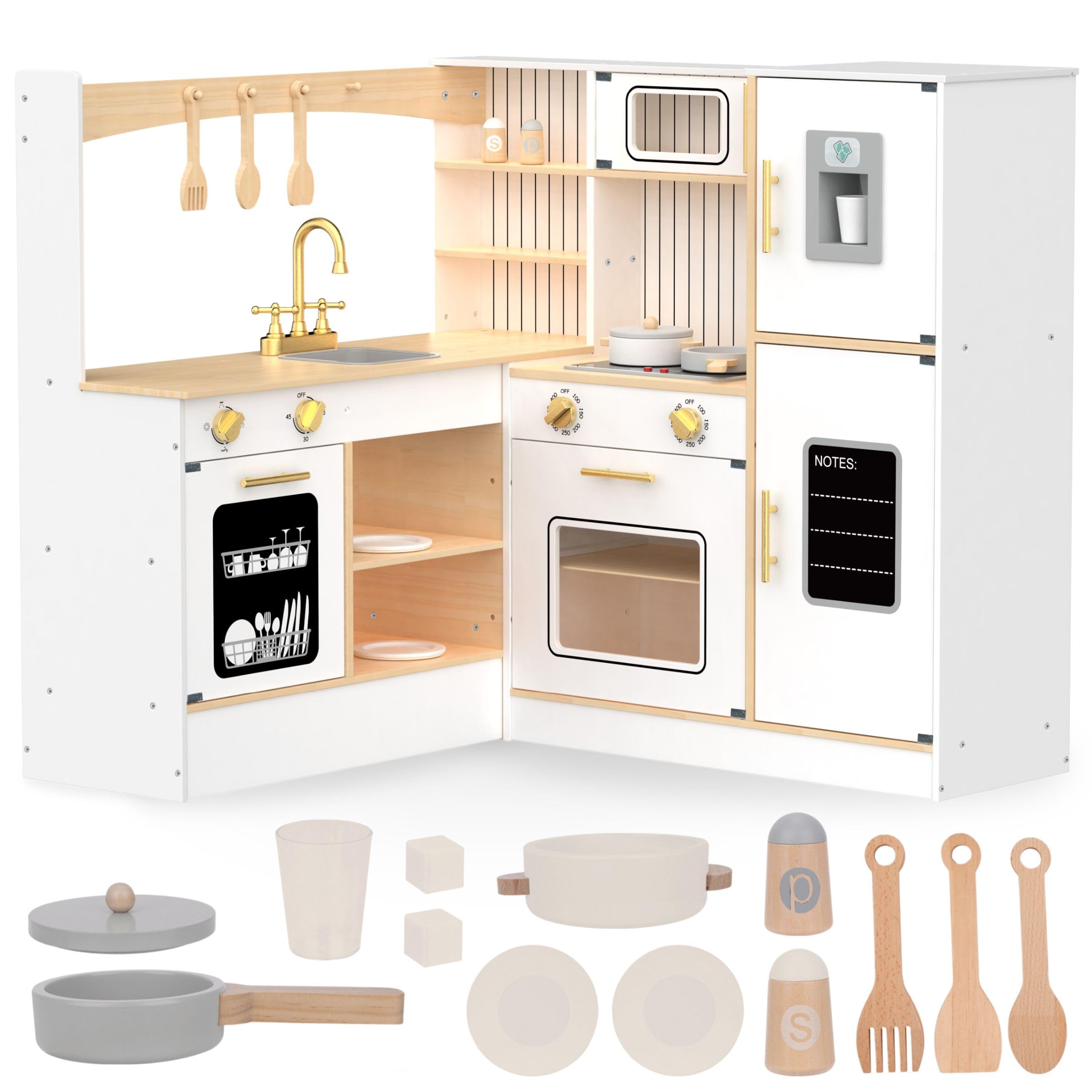 Mamabrum Cocina infantil de madera 3+, cocina interactiva grande de esquina XXXL, juego de cocina con nevera, microondas, fregadero, horno, lavavajillas y accesorios