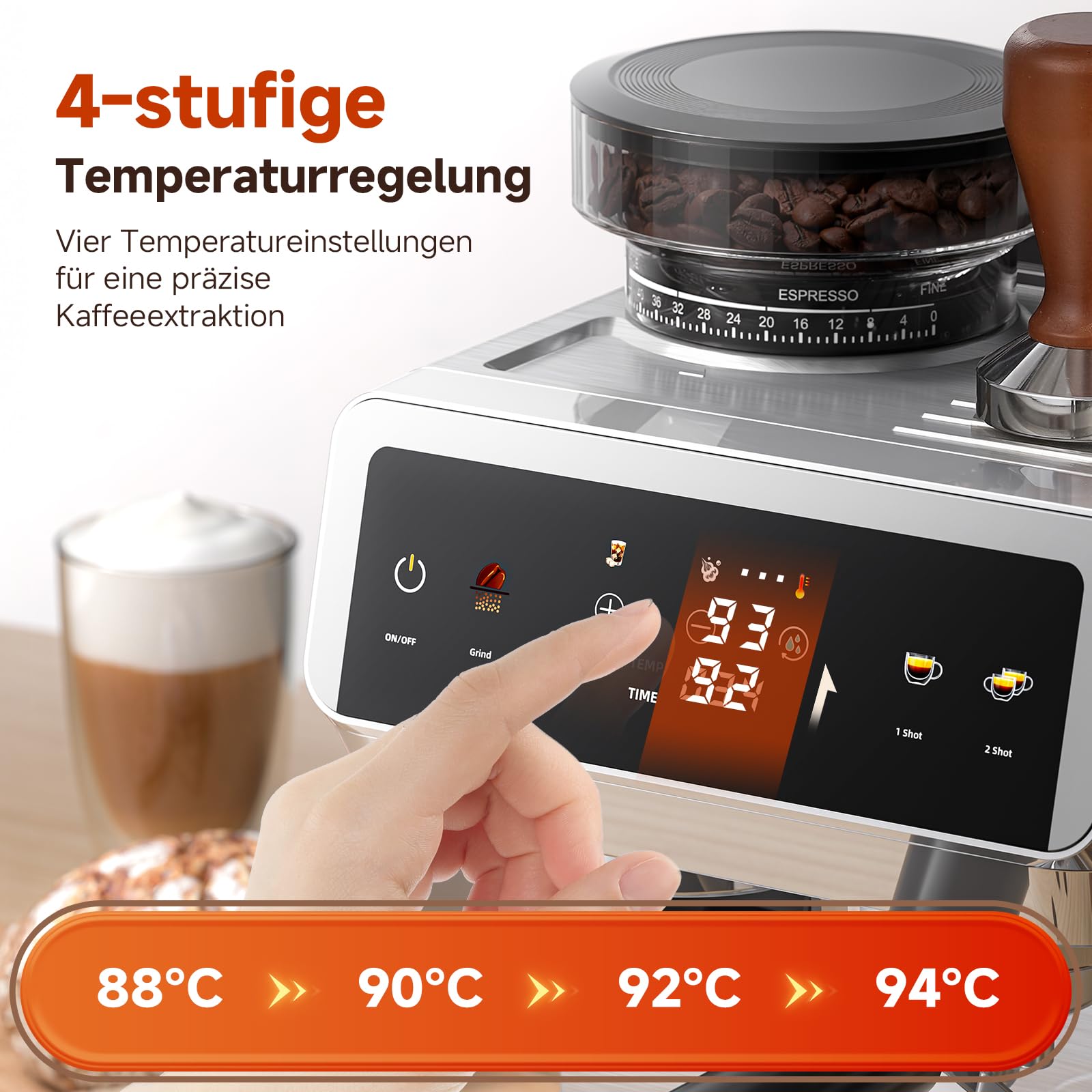 AMZCHEF Siebträgermaschine, 20 Bar Espressomaschine mit mahlwerk, 44 Mahlgrade, 4-Temperaturstufen,Cold Brew, 1,8L Tank,espressomaschine mit Milchaufschäumer, IMD Touch Screen,Edelstahl