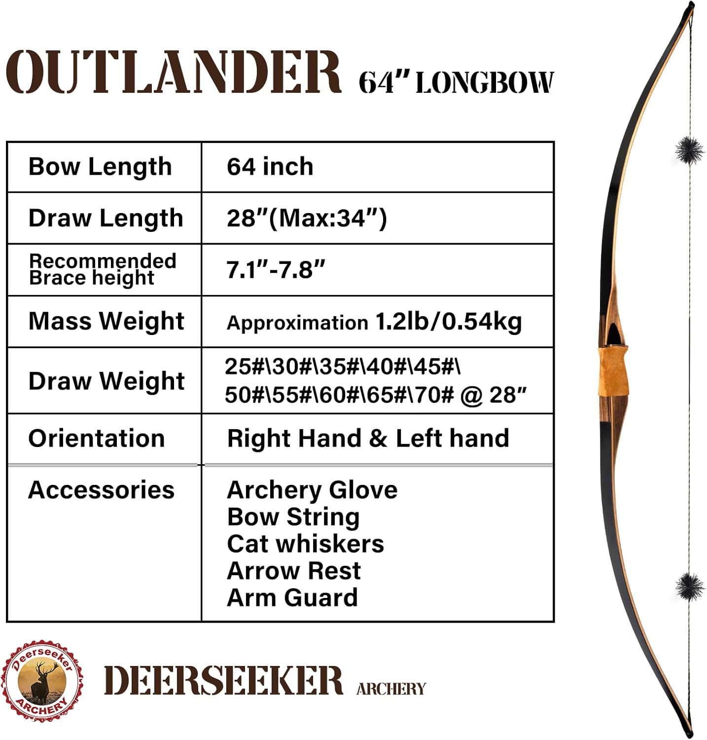 Deerseeker Outdoor Archery 64" Traditional Bow Set Hunting Longbow Reflex Deflex One-Piece Long Bow Laminated Bamboo Core Limbs Right Hand/Left Hand for Adults Bow Shooting