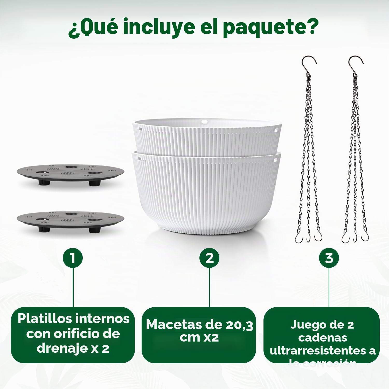 T4u Maceta Colgante 20 cm Pack de 2 con Drenaje para Exterior Blanco | Diseño estriado, cadena resistente, plantas verdes, flores, balcón, ventana, hogar, oficina, ahorro de espacio, decoración