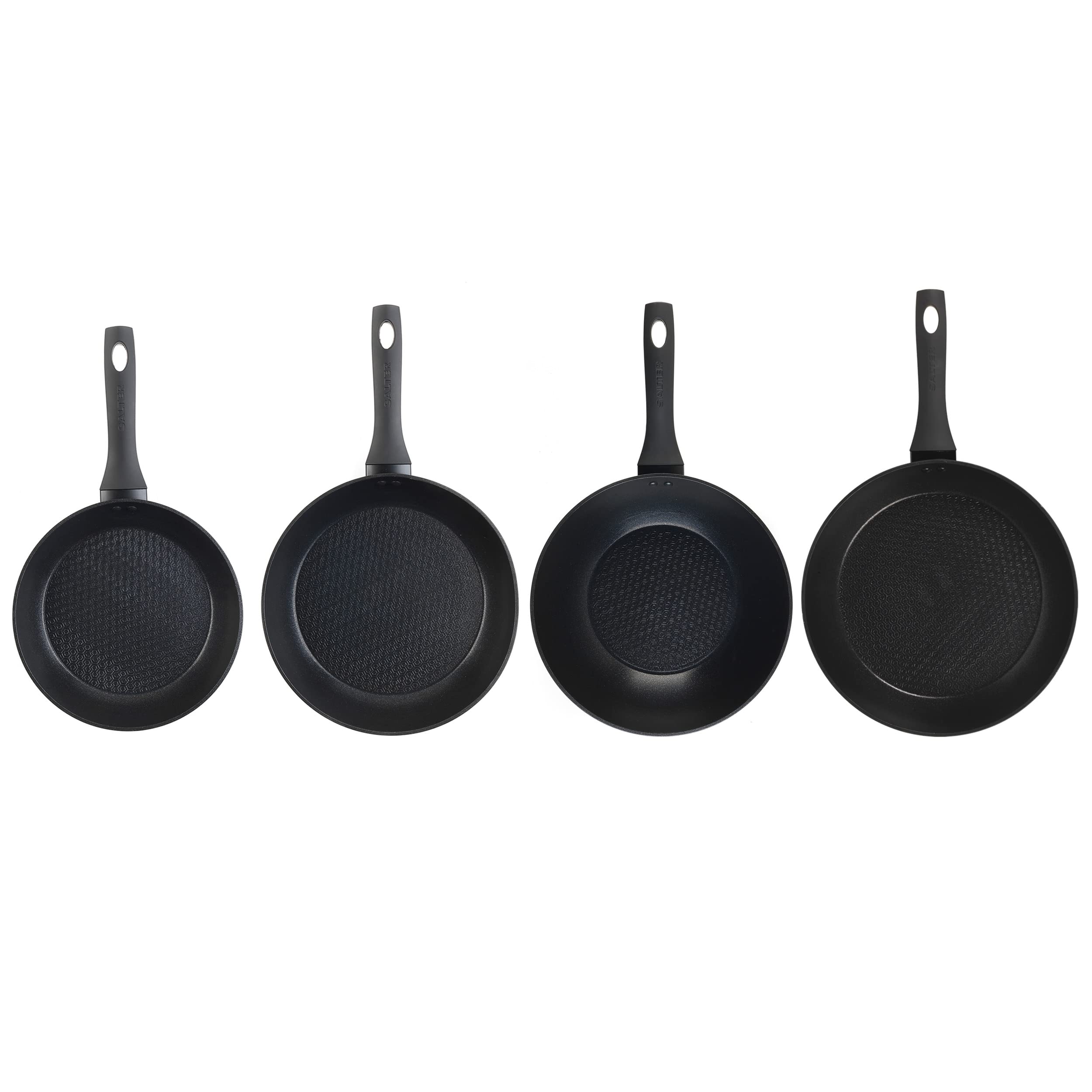Salter COMBO-8032 Geo Hex Non-Stick 4 Piece Pan Set with 24,28,30 cm Frying Pans and 28 cm Stir-Fry Pan, Wok, Forged Aluminium, Induction Suitable, Hexagonal Surface Pattern, Matte Black