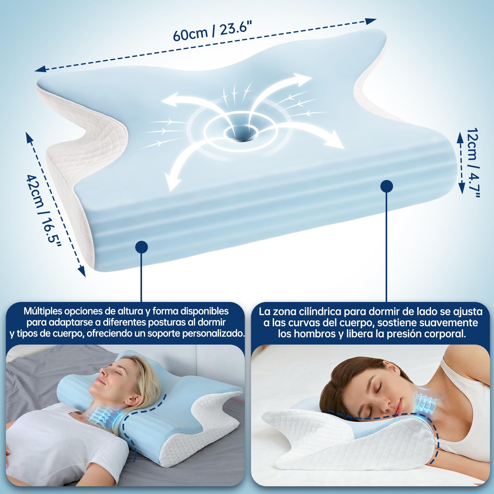 Almohada Cervicales y Cuello, Almohadas Cervicales para Dormir de Espuma Viscoelástica - para Dormir de Lado y Boca Arriba, Alivio de Presión, 60 x 42 x 14/12 cm, Azul