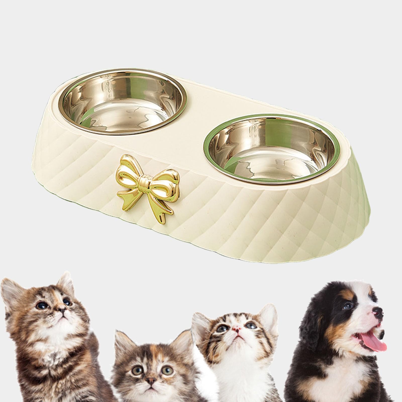 Double Dog Bowls for Dogs, Non-Slip Stainless Steel Food and Water Dish with Bow DecorationDouble Dog Bowls for Small Dogs, for Feeding Small Medium