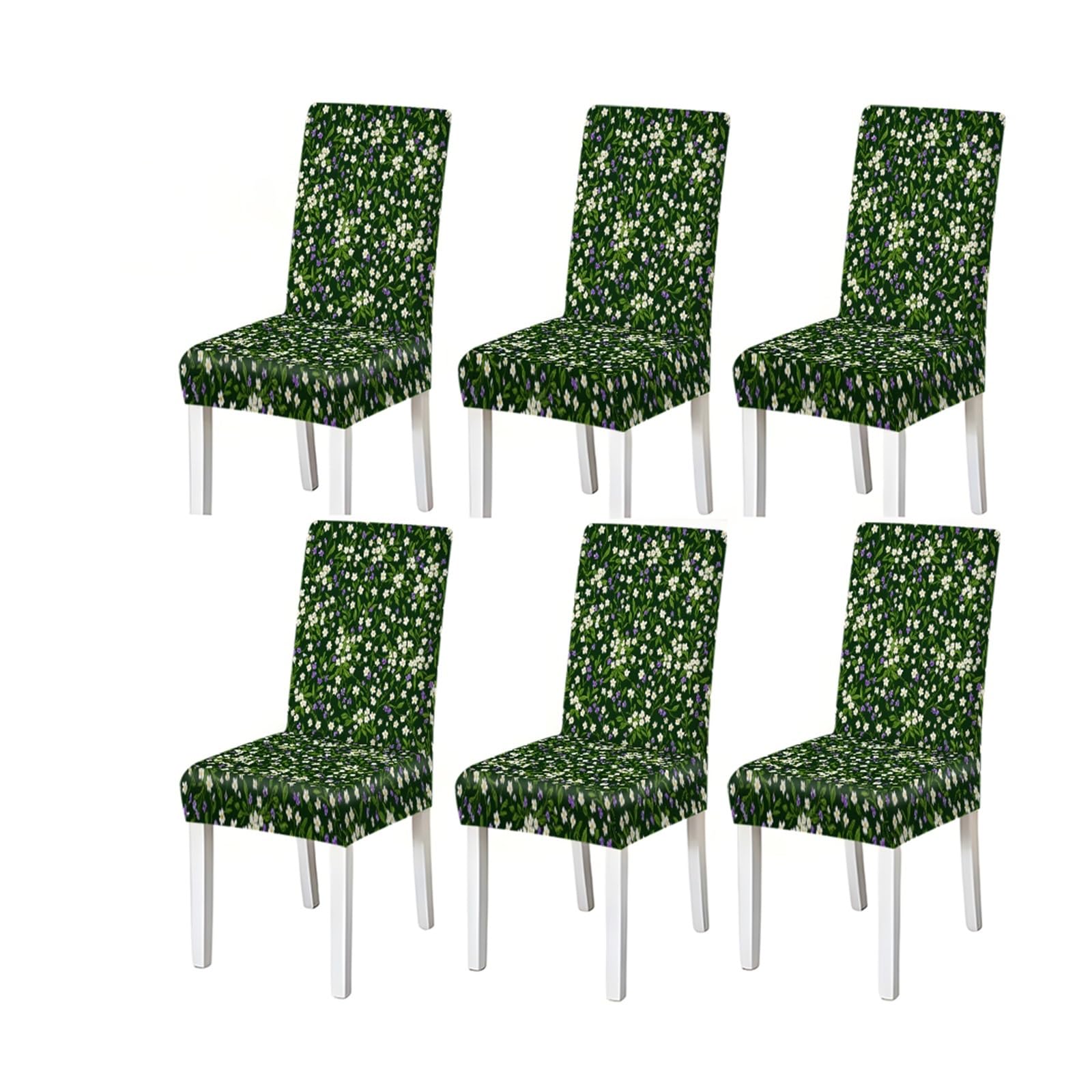BOSUYBN Green Floral Meadow Chair Covers Set Of 2/4/6, Cottage Garden Stretch Dining Chair Slipcovers Furniture Protectors for Home Dining Room(6PCSChair cover)