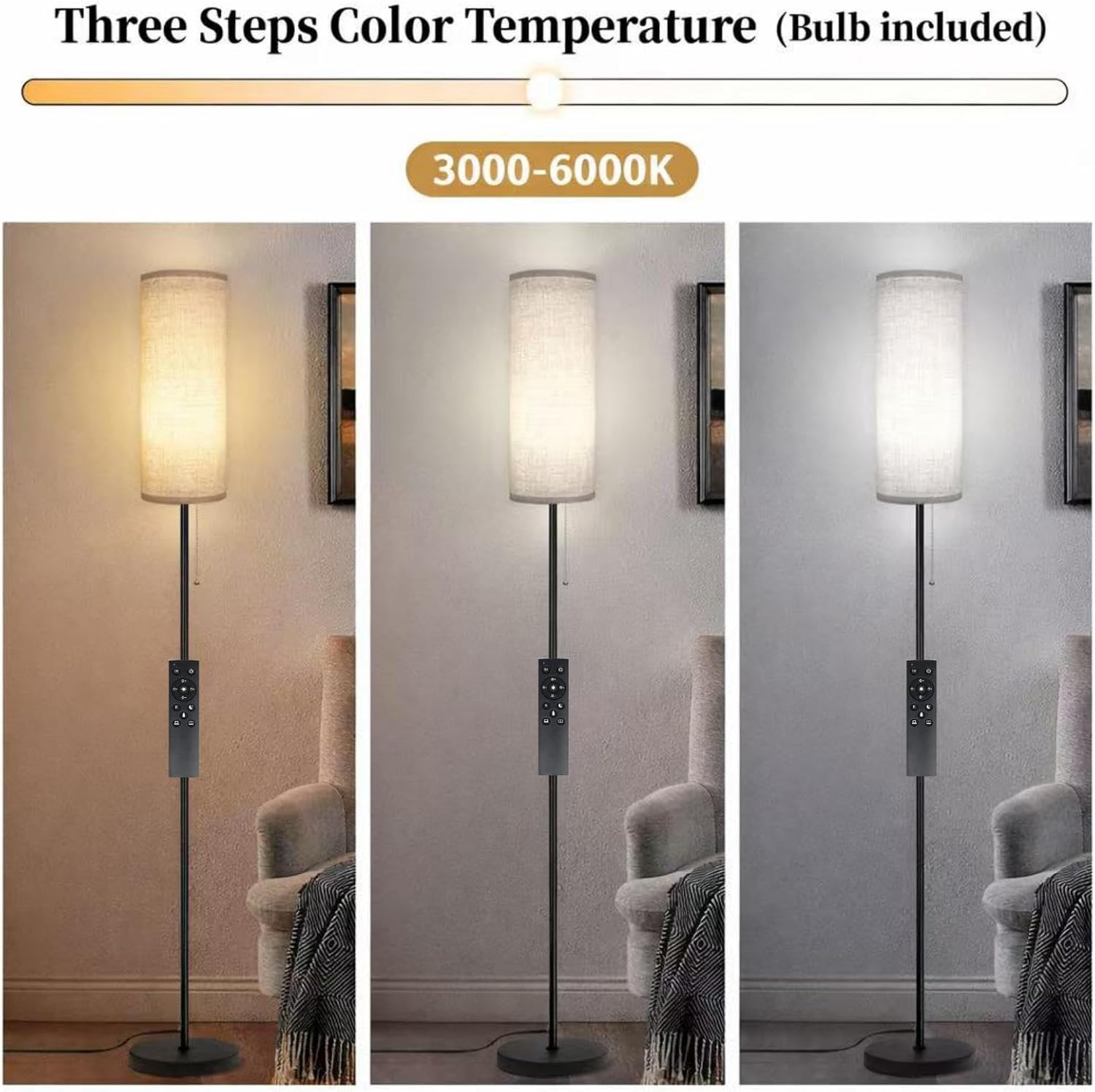 Floor Lamp for Living Room, Modern Standing Lamps with Lampshade, Minimalist Tall Lamp with Chain Switch for Living Room, LED Bulb Included (Beige Shade-Remote Bulb)
