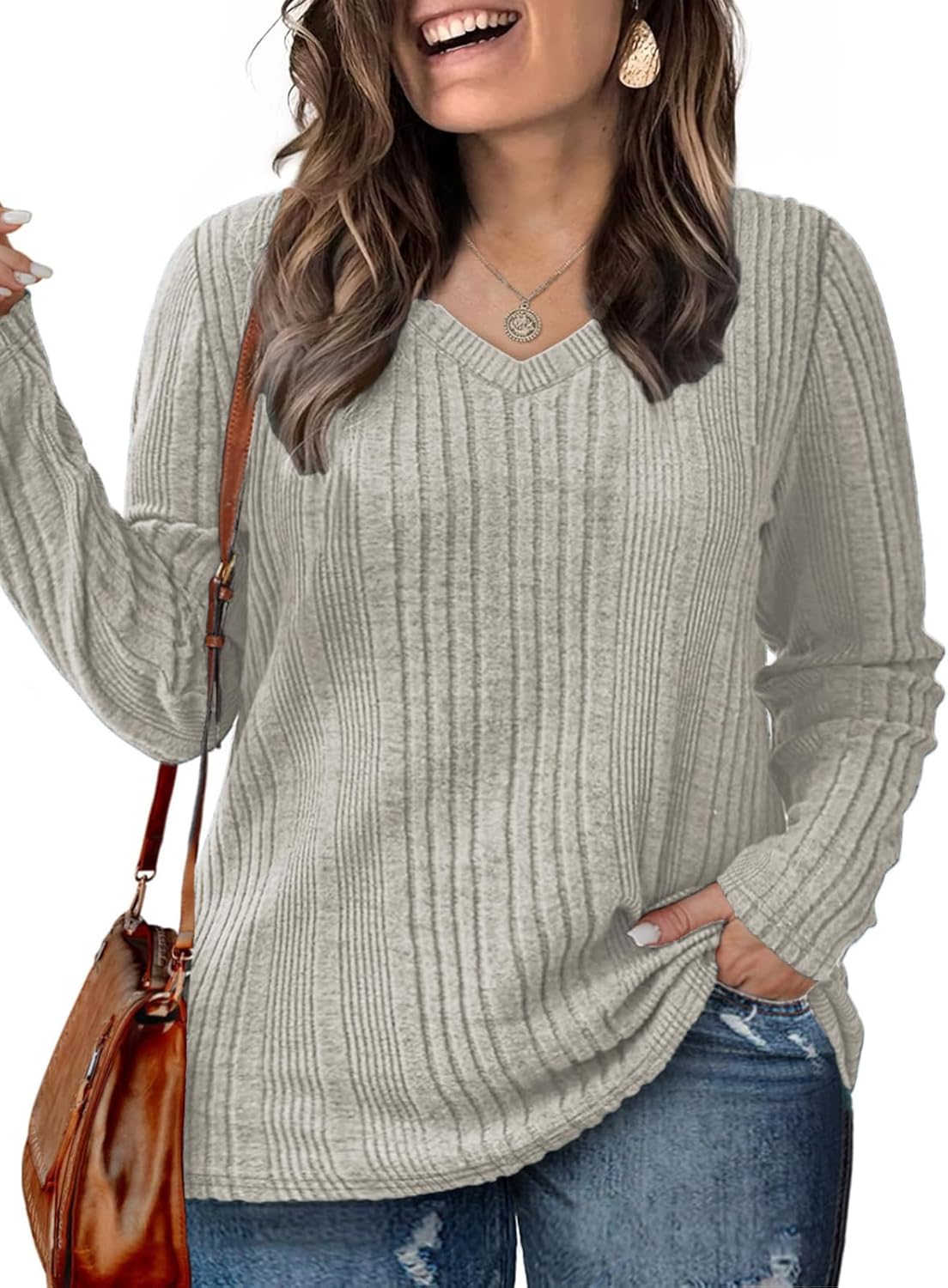 ROSRISS Plus-Size-Long-Sleeve-Tops for women Dressy V Neck Shirts Casual Ribbed Knit Tees Lightweight Tunic Sweaters