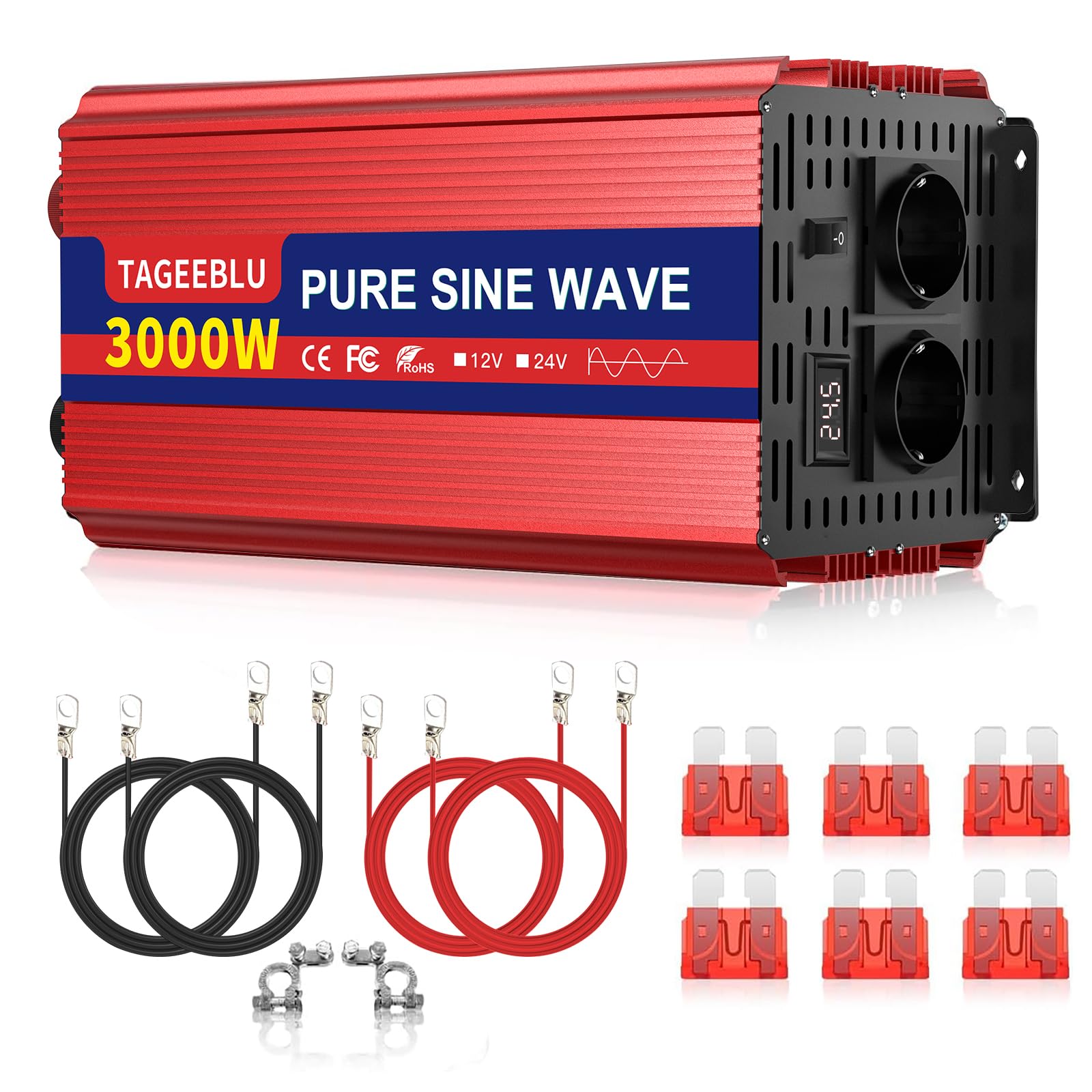 3000W Pur Sinus convertisseur 24v 220v Camion, transformateur 24v 220v avec écran LCD, 2 Prises UE