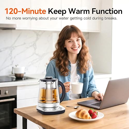 Miniatura 5 de Hervidor eléctrico con infusor, hervidor de té eléctrico de 1.5 litros con control de temperatura, calentamiento rápido de 1200 W para verter sobre