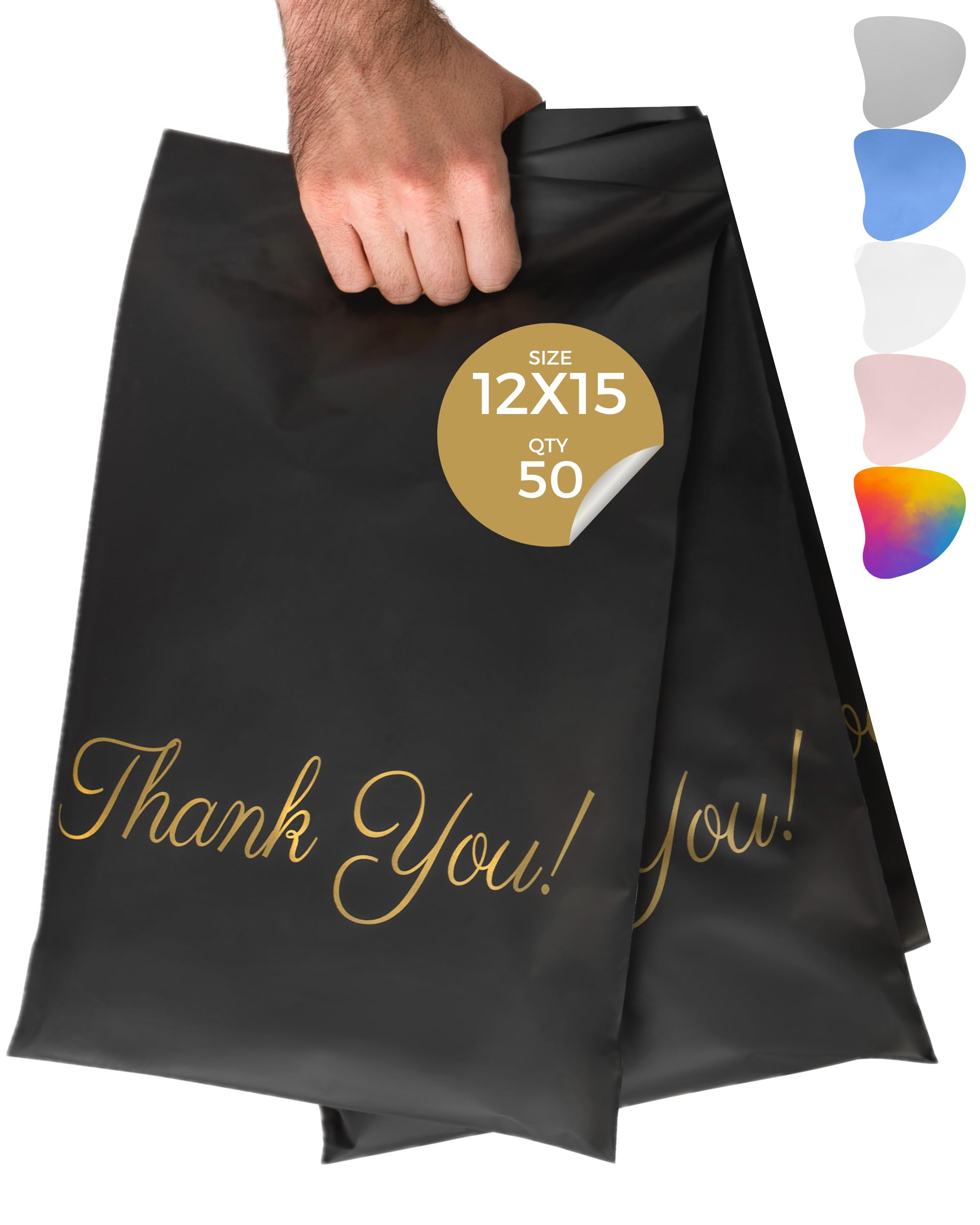 Black Poly Mailers with Handle 12x15.5, 50 Pack Packaging Bags, Shipping Bags for Clothing, Thank You Mailing Bags, Self Seal Bags for Small Businesses, 2.75 Mil Thick Poly Bags,