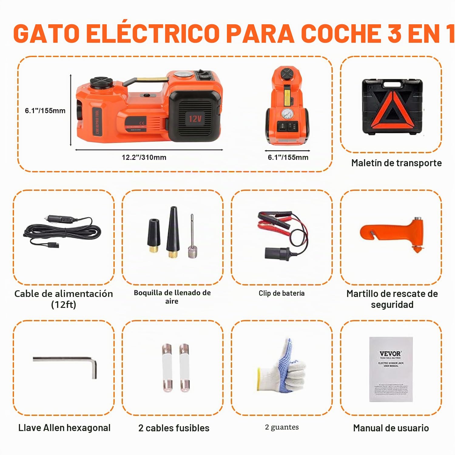 VOBOR Gato Hidráulico Eléctrico, 5T 12V Elevador Automático de Coche con Luz LED y Inflador de Neumáticos, 135-360 mm Desmontadora de Neumáticos para Carretera SUV Sedán o Cualquier Vehículo