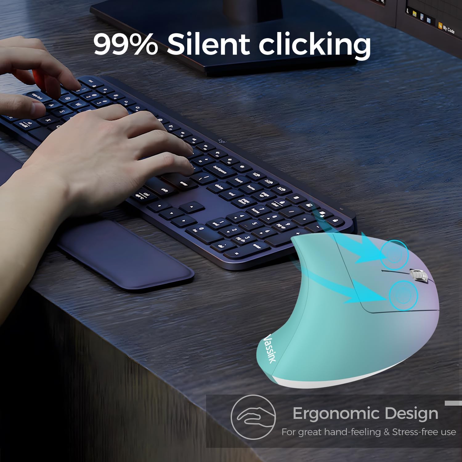 Vassink Ergonomic Wireless Rechargeable Mouse, USB A+Type C(2in 1) Connection, 800/1200/1600 DPI, 6 Buttons, 2.4GHz Carpal Tunnel Vertical Mice, for Laptop, Desktop,MacBook Purple Gradient Green - 7