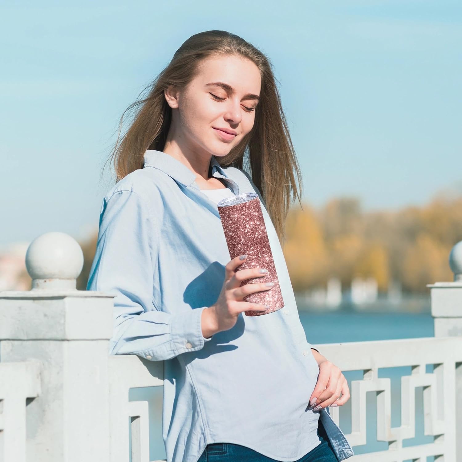 Pink Glitter Rose Gold Tumbler, 20 Oz Stainless Steel Insulated Skinny Travel Mug with Lid, Double Wall Iced Coffee Cup, Sparkly Bling Water Bottle, Gifts for Women, Mom, Daughter, Friends,1 Pcs - Image 7