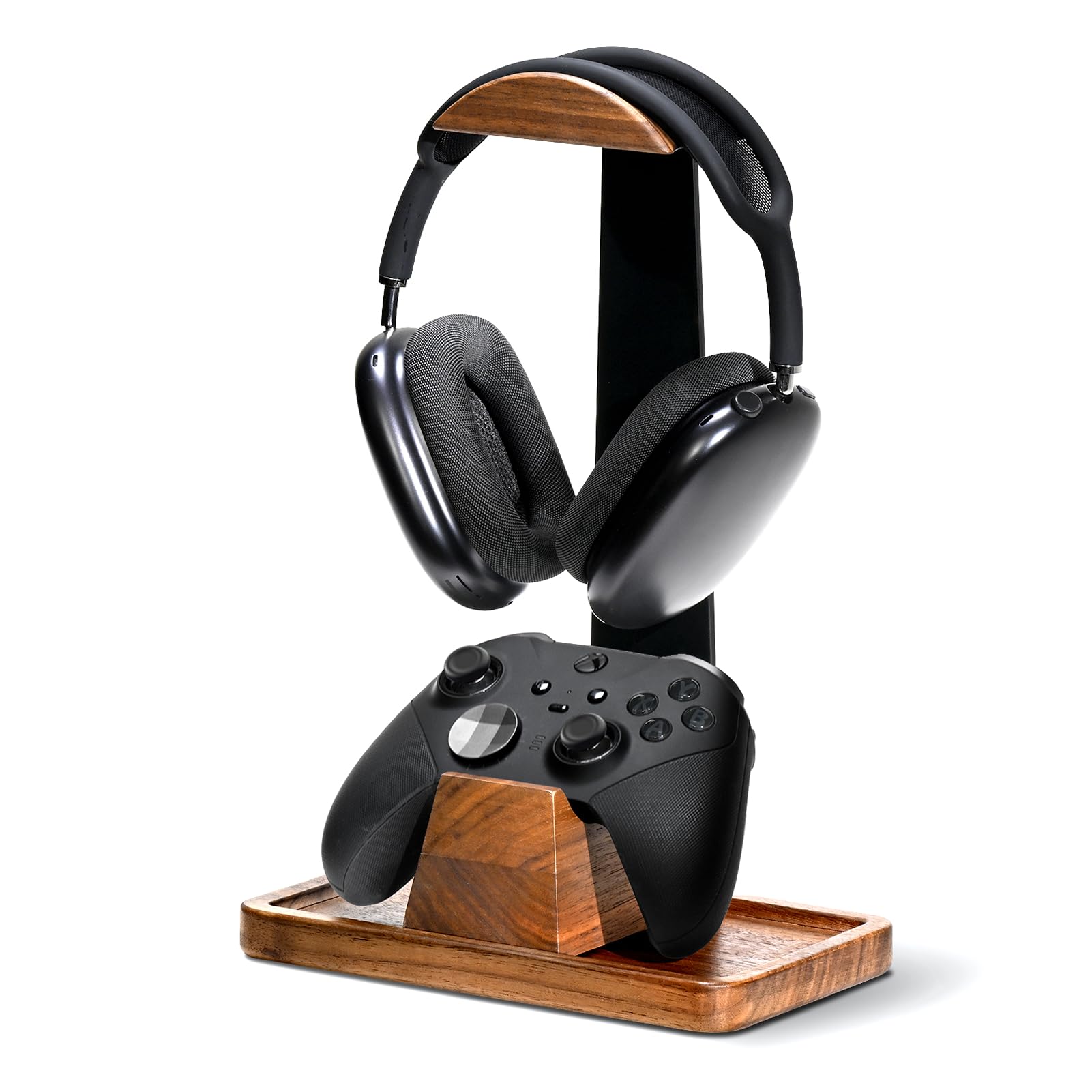 Support de casque en noyer avec support de manette de jeu, support de manette de jeu de bureau, support de casque avec base de rangement, accessoires de jeu de bureau universels