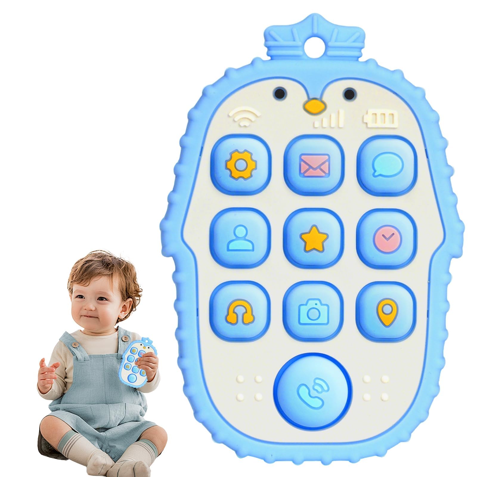 Aolso Teething Toys for Baby, Silicone Phone Press Teether for Babies 3 Months+, BPA-Free, Gum Pain Relief, Sensory Toy for Babies, Baby Chew Toys-Blue Penguin