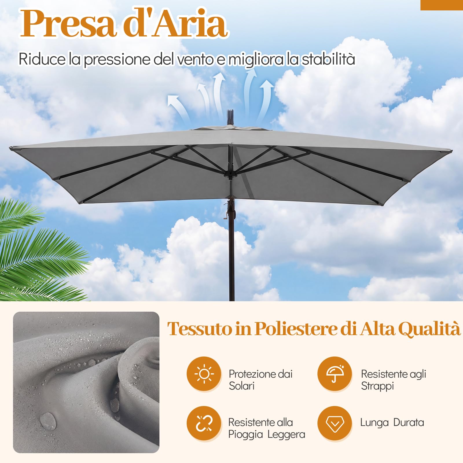 COSTWAY Ombrellone da Giardino 250 cm, Tettuccio Girevole e Ventilato | Protezione Solare, Resistente, Portatile, Sacchi di Sabbia, per Balcone, Esterno, Spiaggia (Grigio, 0 Luce LED)