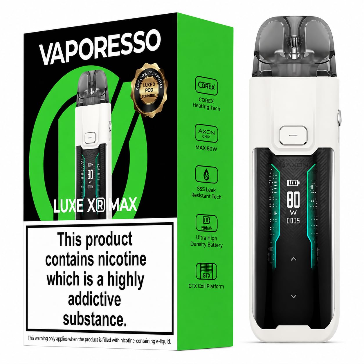 VAPORESSO LUXE XR MAX Vape Kit [White] - Rechargeable Big 2800mAh Battery, 80W Output, GTX Mesh Coils, DTL/MTL Vaping, Refillable, E Cigarettes, Starter Kit, No Nicotine No Liquid