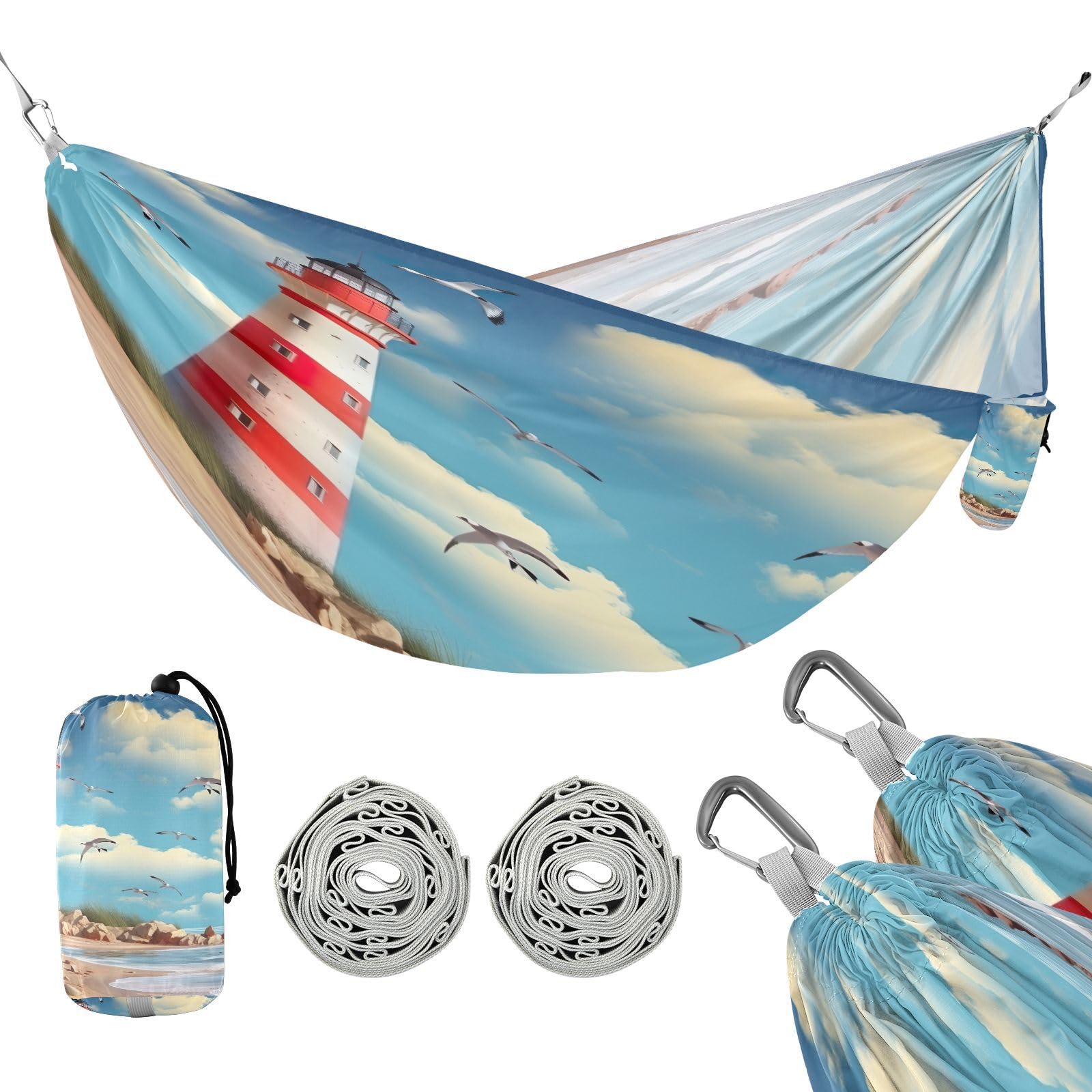 Haskirky Manga Lighthouse Camping Hammock, Single Portable Hammocks with Tree Straps & Attached Carry Bag, 330Lbs Capacity Perfect for Outside Indoor Hiking Beach Backpack Travel