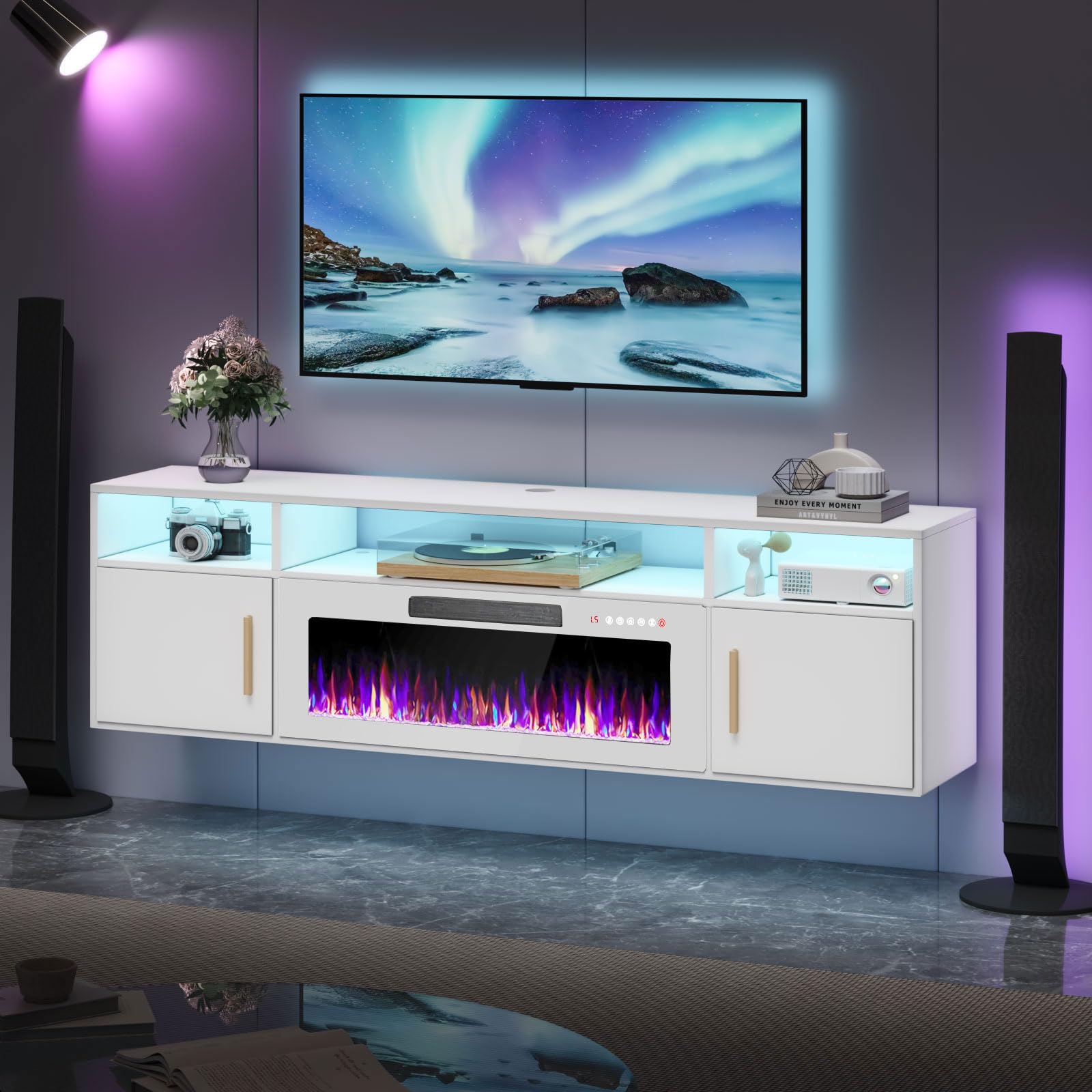 PRETZI Floating Fireplace TV Stand, 70" Wall Mounted Entertainment Center with 36" White Fireplace for TVs Up to 80", LED Modern Wood TV Console with