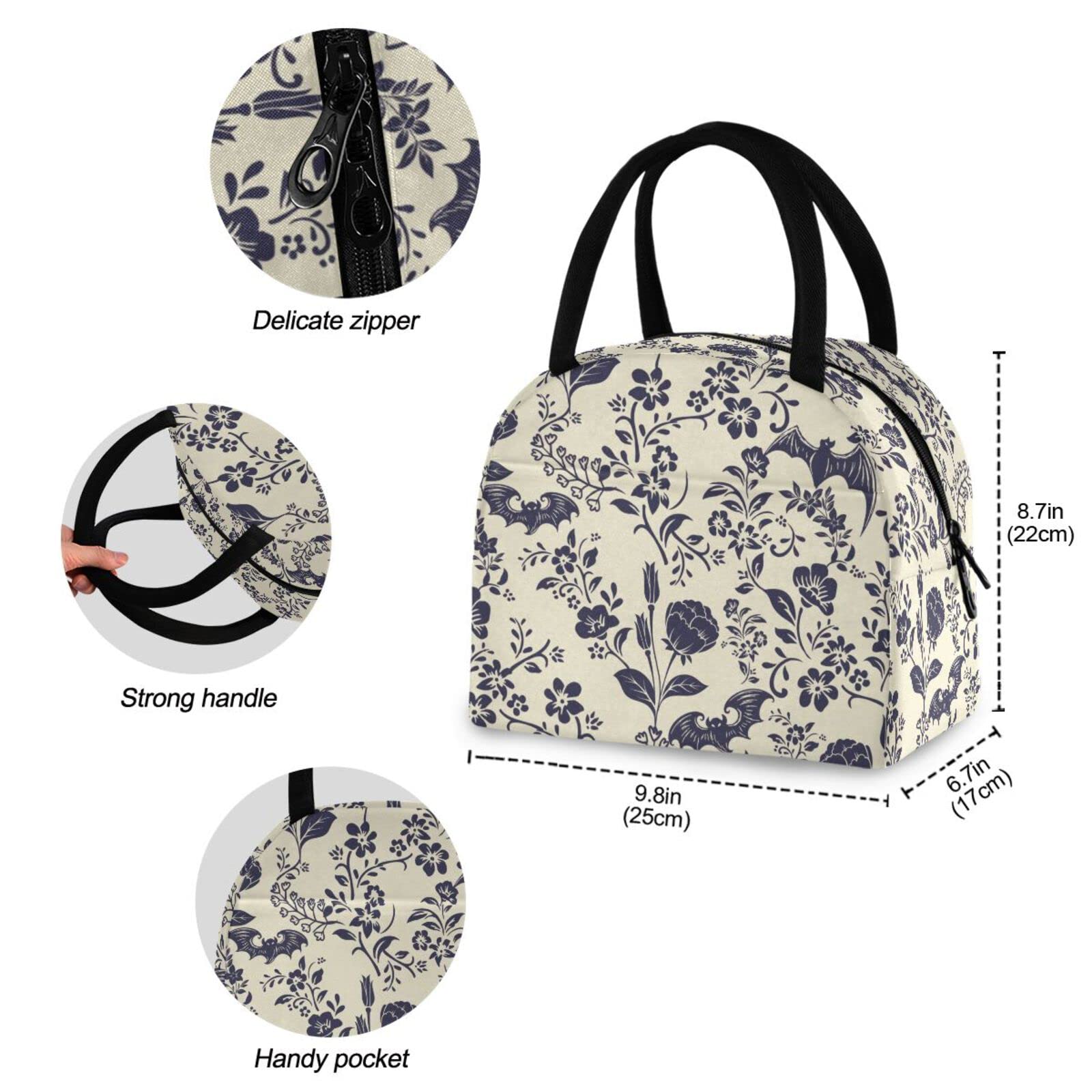 Goth Bat Flora Flowers Lunch Bag for Women Men Reusable Insulated Lunch Tote Bag for Office Work School Picnic Hiking