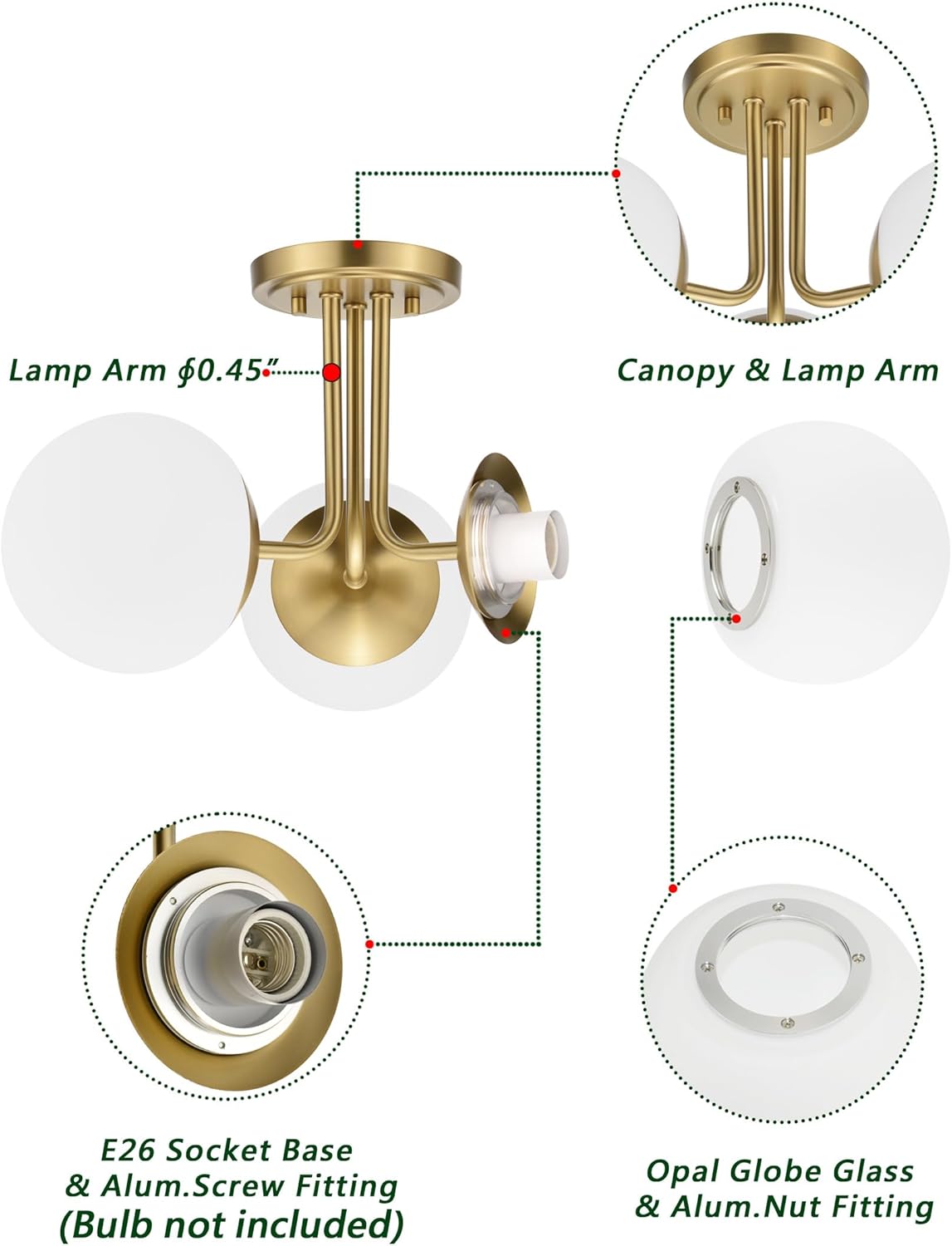 3 Light Semi Flush Mount Ceiling Light Fixture Aged Brass, Modern Globe Chandelier, Sputnik Farmhouse Lighting for Kitchen Bedroom Bathroom Living Room Corridor Laundry Room Bar …