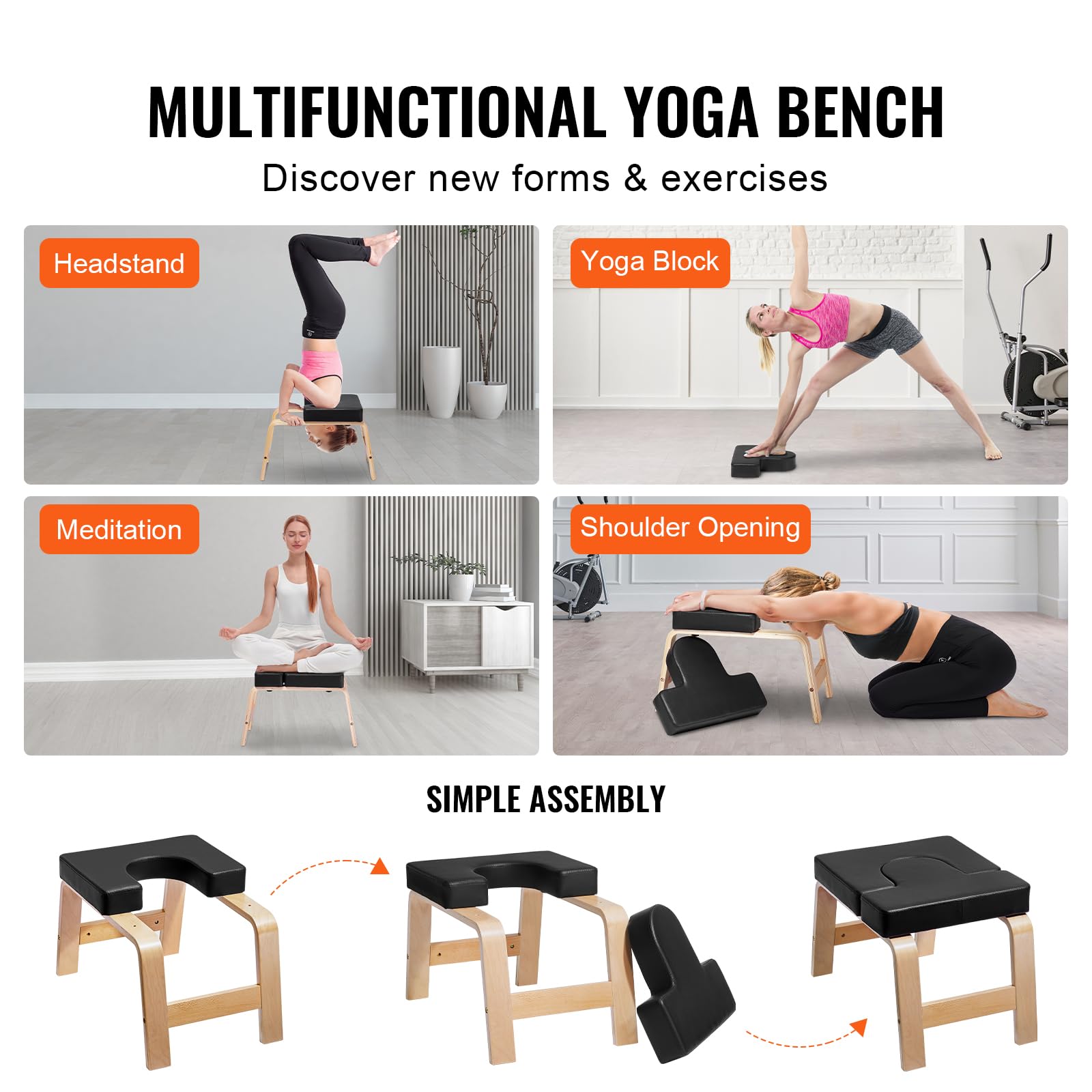 VEVOR Panca per Verticale Yoga Capacità di 136 kg Sedia da Yoga per Inversione per Palestra di Famiglia, Struttura in Legno, Cuscinetto in PU, per Allenamento di Forza Equilibrio, Allevia Fatica, Nero