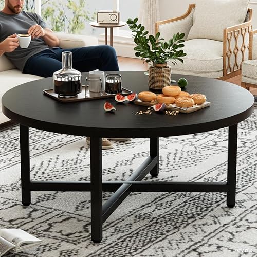 Miniatura 7 de Mesa de Centro, Mesas de Centro Grandes de 31.5", Mesas de Centro Redondas Negras para Sala de Estar, Mesa de Piso para Sentarse en el Suelo, Mesa