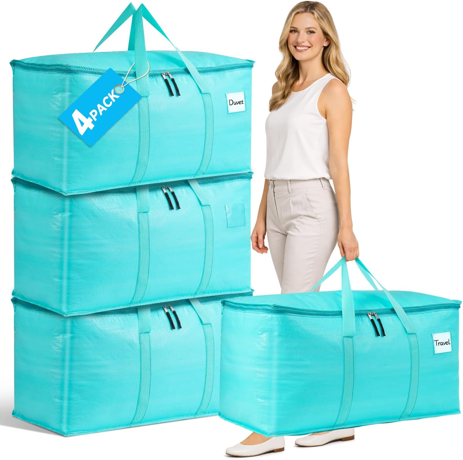 4 Pack 95L Moving Bags, Large Storage Bag with Zips, Reusable Moving Boxes with Lids, Under bed Storage Bag for Clothes, Waterproof Storage Bags with Tag Window for Bedding, Traveling