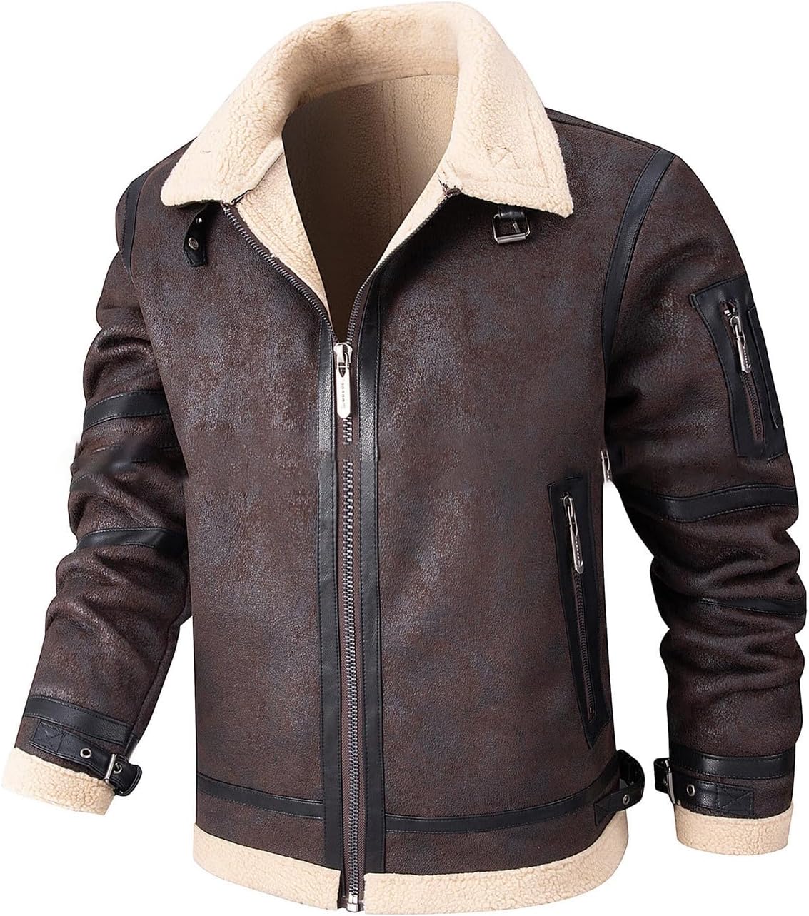 XUNRYAN Mens Sherpa Suede Faux-Leather Bomber Jackets Motorcycle Zip Up Aviator Fleece Jacket Winter Warm Coat Zipper Pockets