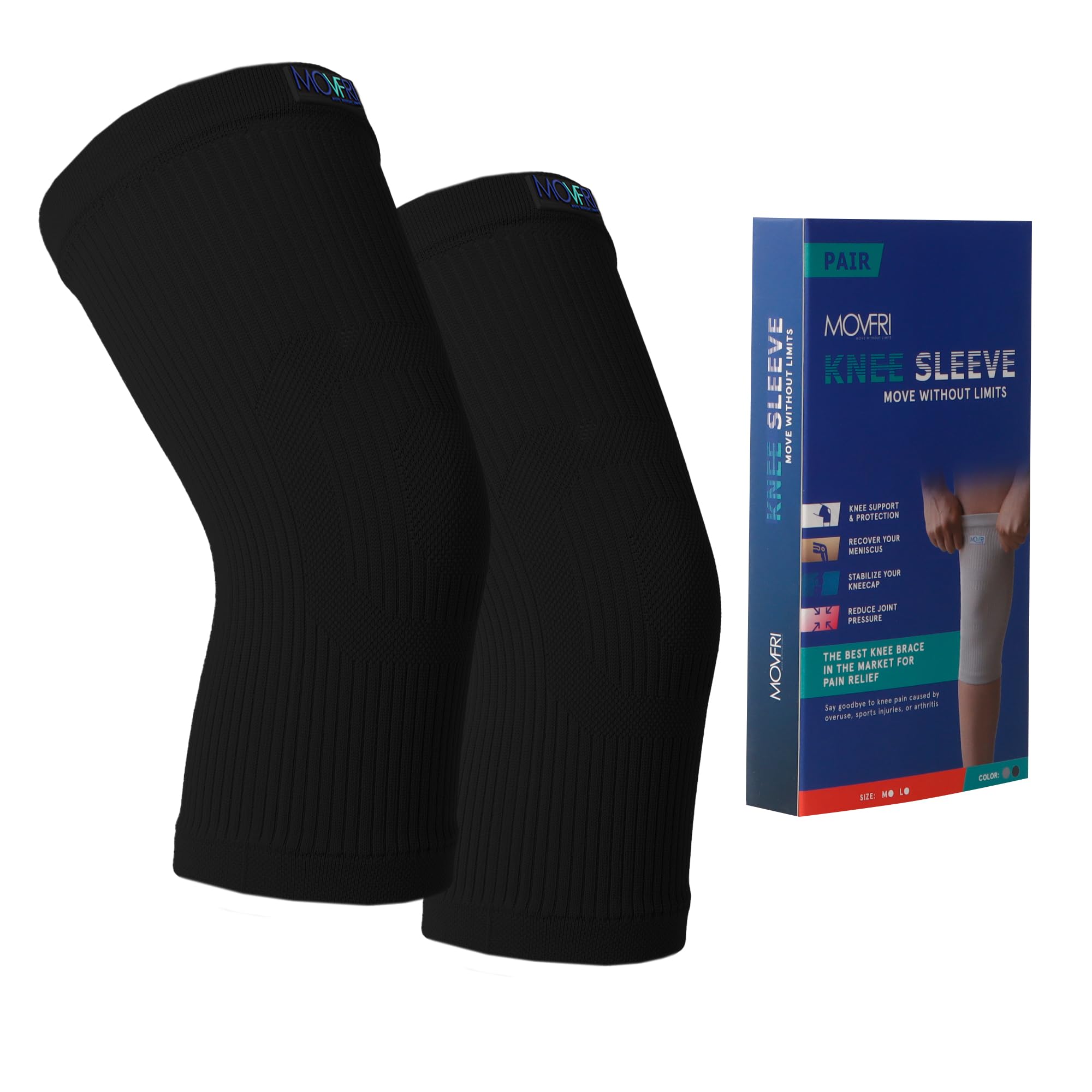 MOVFRI Knee Sleeve for Men and Women – Knee Support for Pain Relief, Swelling, Arthritis, Meniscus Tear – Comfortable Knee Sleeves for Running, Sports