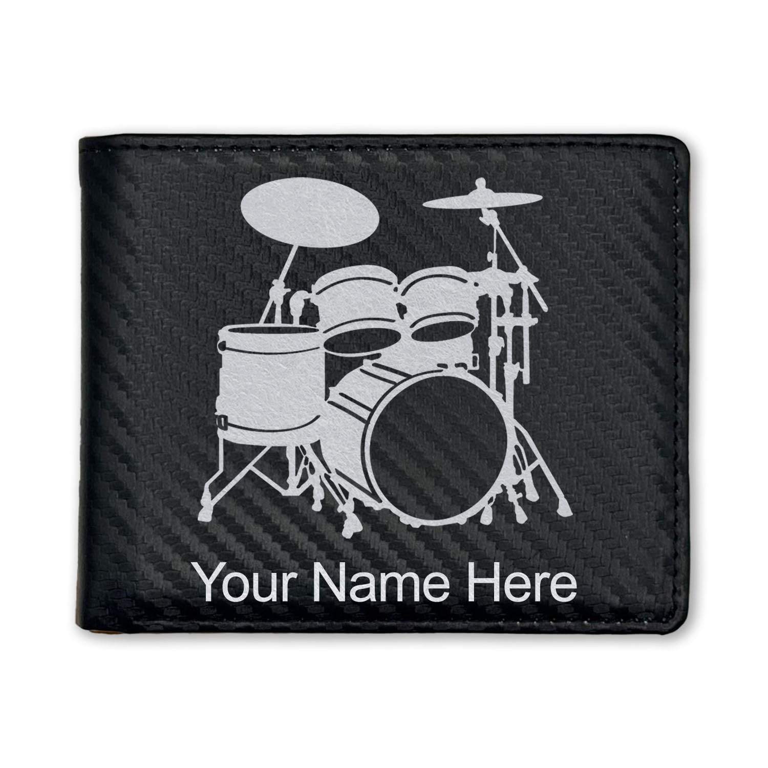 LaserGram Faux Leather Bi-Fold Wallet, Drum Set, Personalized Engraving Included (Carbon Fiber Black with Silver)