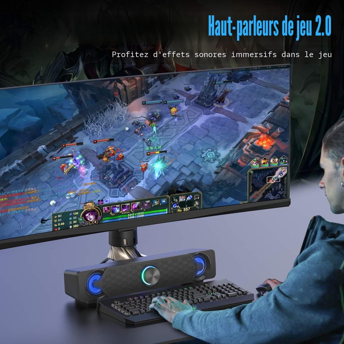 Smalody Barre De Son d'ordinateur, Haut-Parleurs Parfaits pour Les PC, Barre De Son USB, Haut-Parleurs De Jeu avec Lumières LED Froides, Bureau, Ordinateur Portable